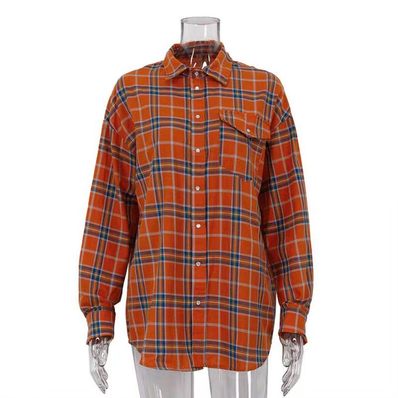 

Модный стиль, узор, свободная рубашка с карманами и лацканами, длинным рукавом, свободная клетчатая рубашка с карманом и лацканами Orange color L