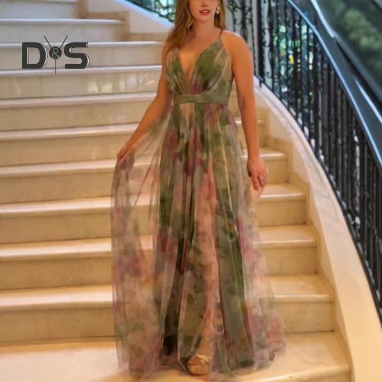 Damen-Maxikleid aus Netzstoff mit Spaghettiträgern, tiefem V-Ausschnitt, rückenfreies Abendkleid, Camisole-Kleid mit Blumenmuster für Cocktailpartys
