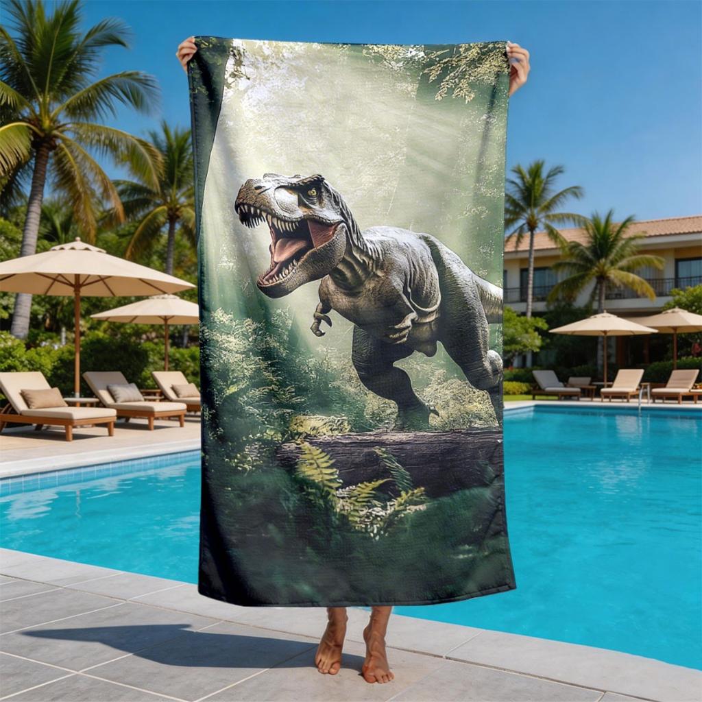 Roaring Tyrannosaurus Rex Theme polyester microfiber beach towel is highly absorbent, suitable for swimming and beach outings