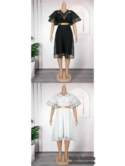 Plus Size V-neck African Women’s Bodycon Dress with Beaded Belt