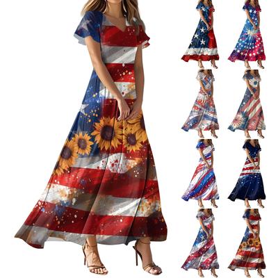 Women's Independence Day Flag Print Casual V-Neck Short Sleeve High Waist Dress