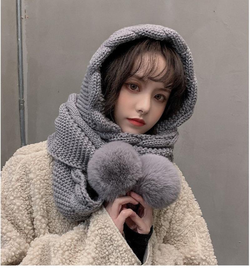 Fall Winter Korean Style Women's Versatile Scarf with Adorable Pom-Poms Ear-Warming Thickened Knit Hat for Extra Coziness