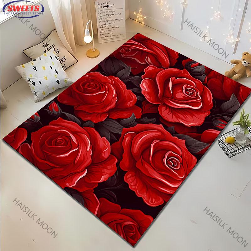 Wunderschöner Rosen-Pfingstrosen-Teppich Neuerscheinung! Robust für Wohnzimmer Schlafzimmer, Bürobereiche, Langlebige Waschbare Matte Mama Lieblingsgeschenke
