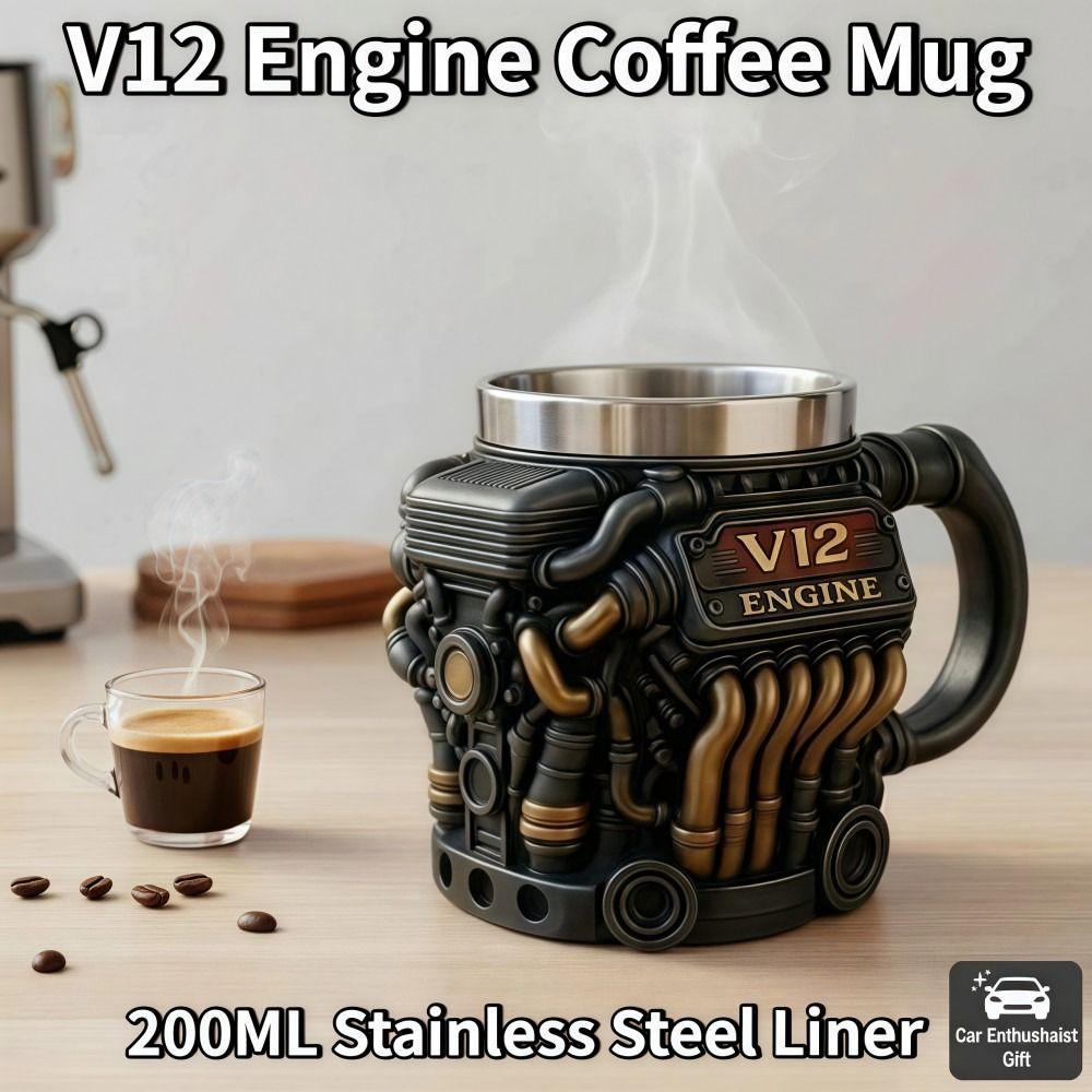 Taza de acero inoxidable con asa para motor V12, estilo retro, con aislamiento, ideal como regalo para hombres y niños.