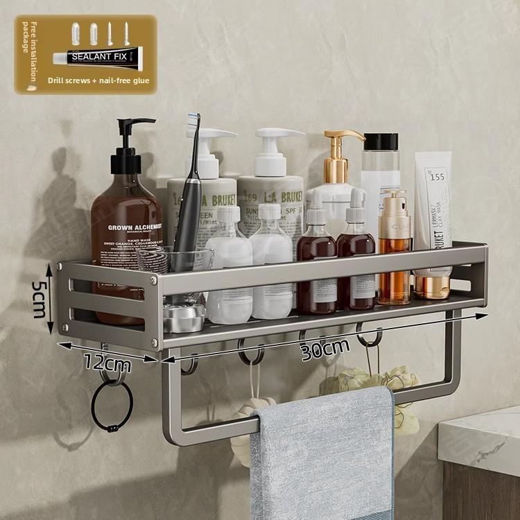 Space Aluminum Bathroom Wall Shelf With Hooks And Oxidized Finish For Toilet Storage