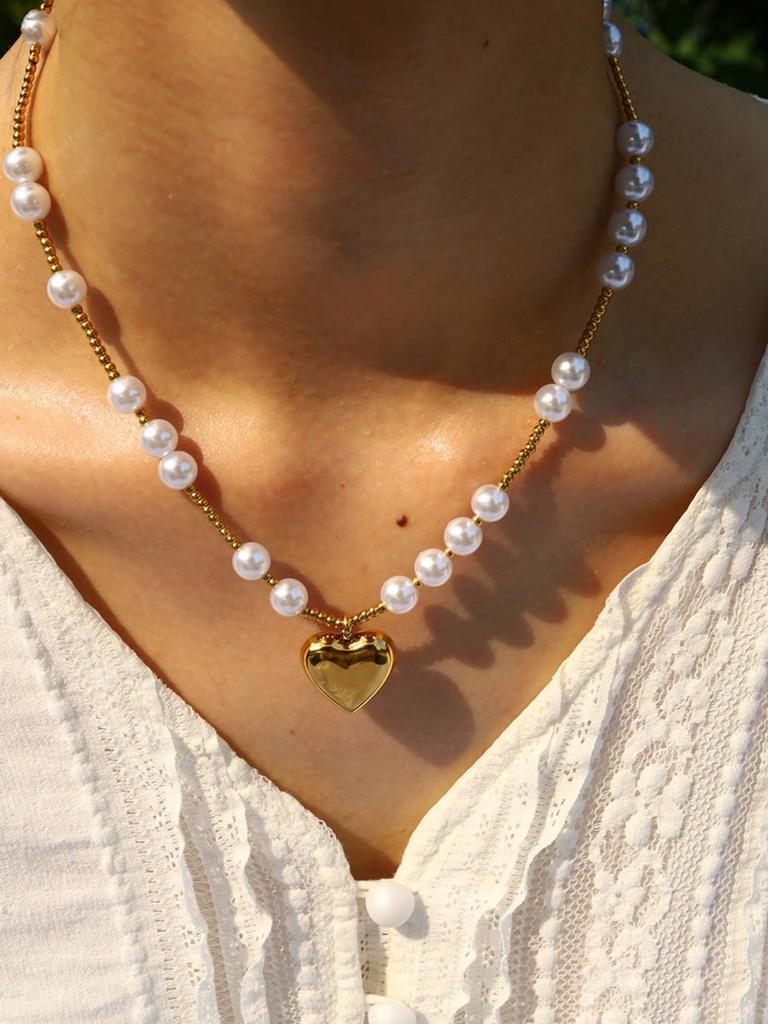 1 Pc Handmade Beaded Faux Zircon Necklace, Fashionable Titanium Gold-Plated Heart Pendant Clavicle Chain Necklace For Women