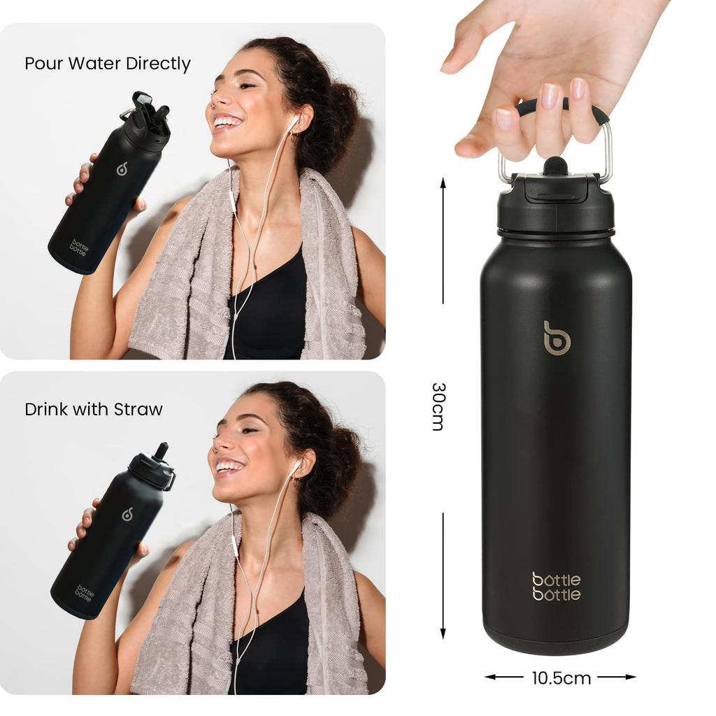 BOTTLE BOTTLE Water Bottle, 1.2 Liter, Large Capacity, Stainless Steel, Leak-Proof, 2-Way Lid, Suitable for Girls, Boys, and Adults, 1.2L, with Straw