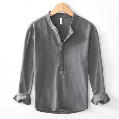 Chinese Retro Style Cotton Linen Tshirt for Men Summer Long Sleeve Top Daily Casual Stand Collar Pullover Men T-shirt 4XL