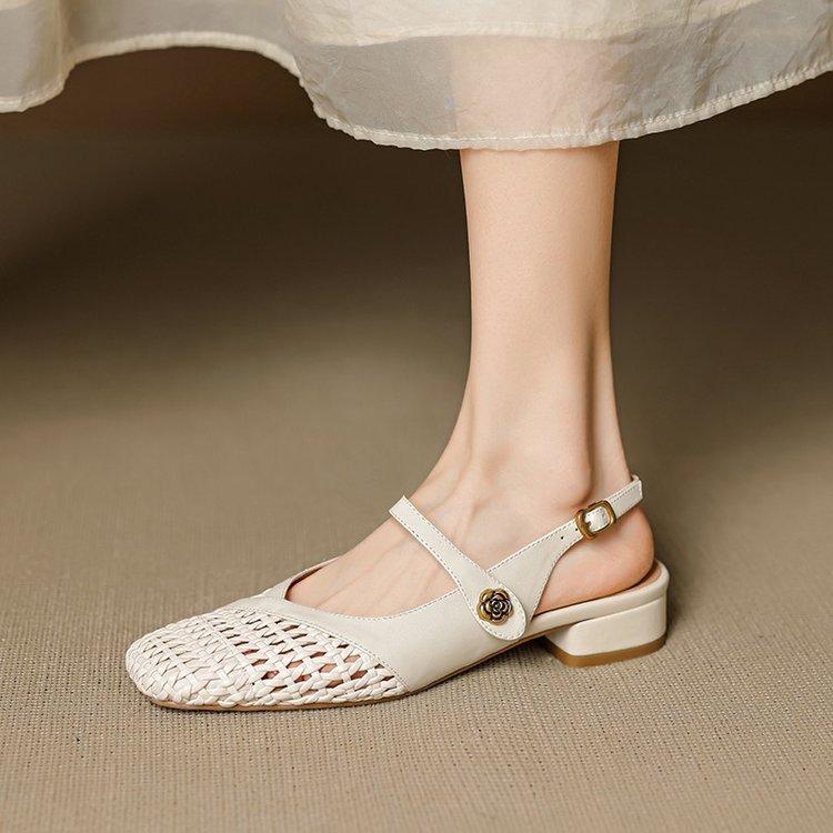 French beautiful woven hollow bag head sandals women's 2025 new summer low heel thick heel explosion Mary Jane sandals