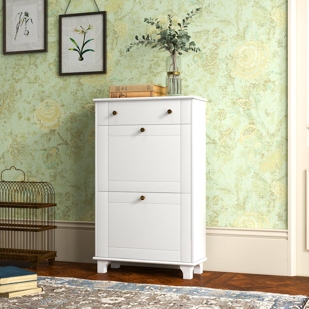 Slim Space-Saving Shoe Rack, 2 Flap Doors, Adjustable Shelves, Drawer, Raised Base, White