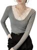 Women's Lace Splice Ribbed U-Neck Slim-Fit Long Sleeve Top for Autumn/Winter