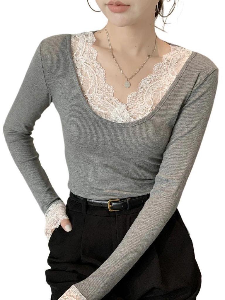 Women's Lace Splice Ribbed U-Neck Slim-Fit Long Sleeve Top for Autumn/Winter