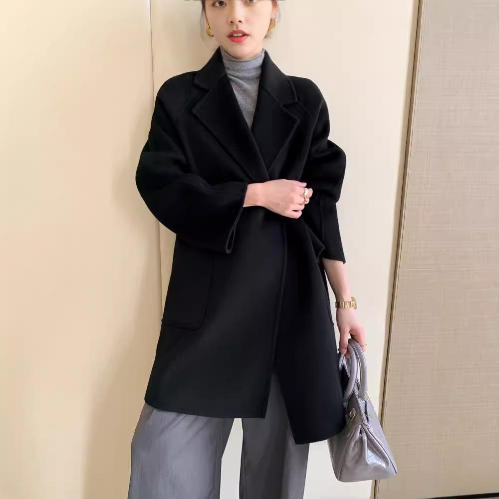 Women's High-End Double-Faced Wool Coat - New Autumn/Winter Style, Loose Mid-Length, Tie-Waist, 100% Wool Fashion Coat.