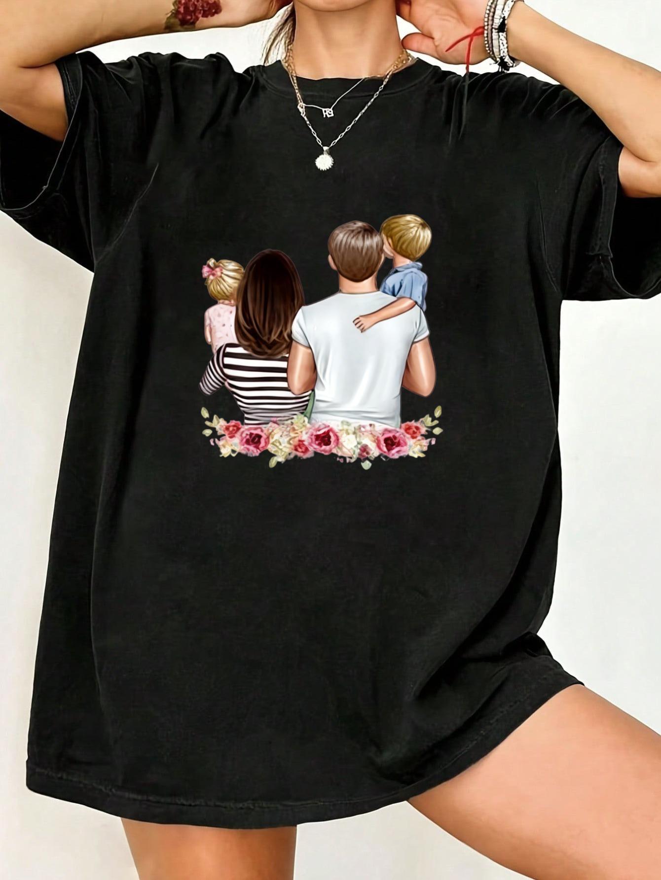 

Black Oversized T Shirt With Family Back View And Floral Design For Casual Wear S