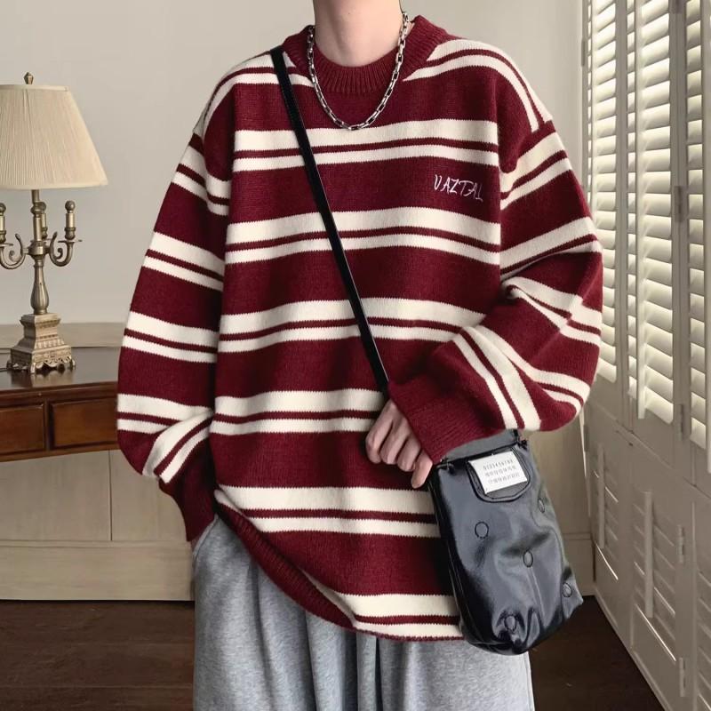 Oversized Crew Neck Striped Knit Sweater Men Women Casual Winter Pullover Slim Fit Cotton Blend