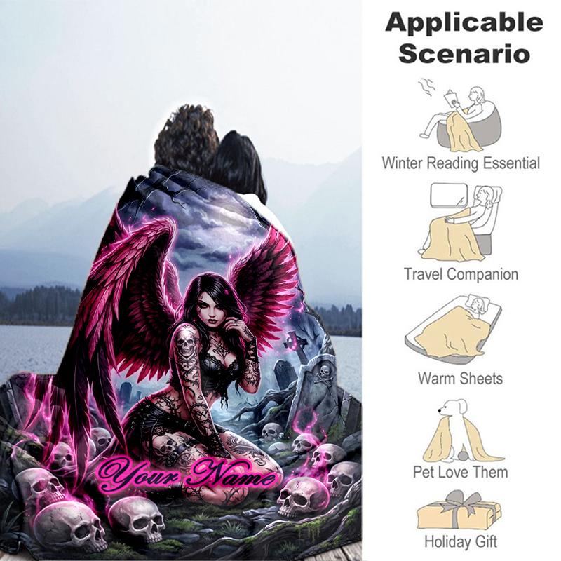 1PC Custom Name Gothic Angel Skulls Night flannel blanket versatile,all-season throw suitable for the living room,bedroom,camping,travel,and gift