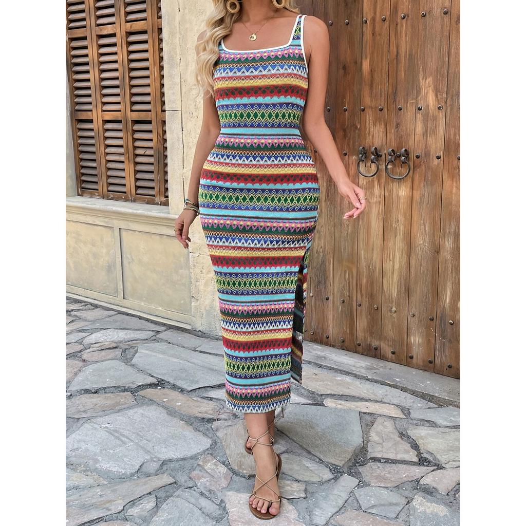 New Women's European American Style Jacquard Geometric Stripe Slip Dress, Seaside Vacation Beach Dress