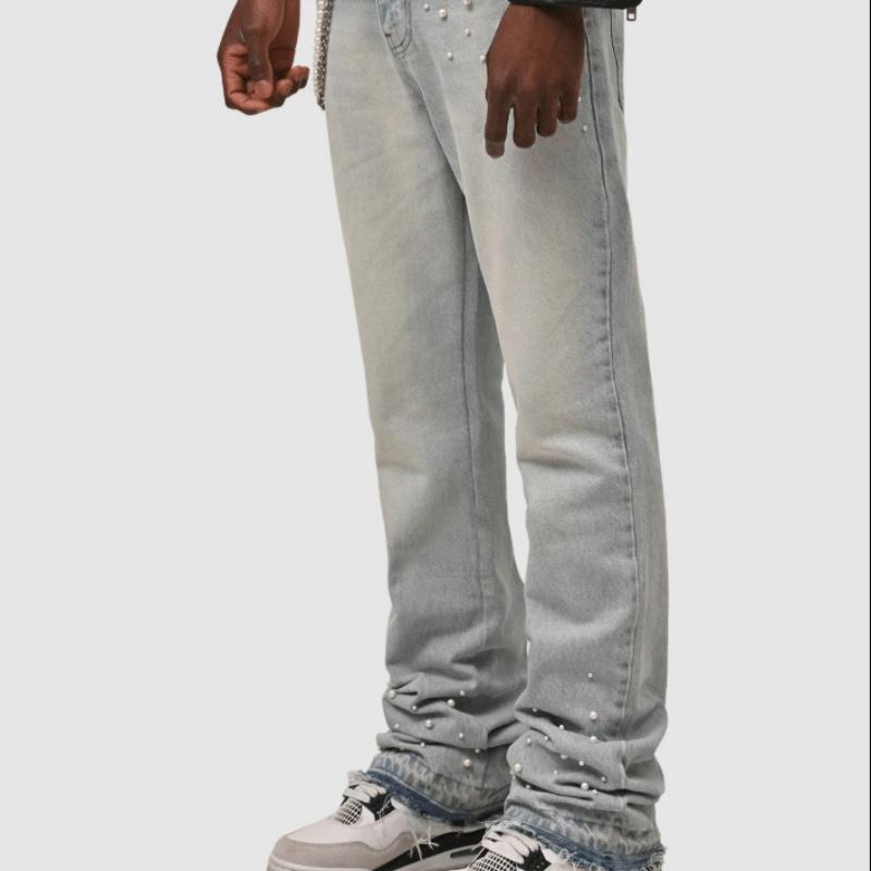 DRIPX Vaqueros Americanos Retro Nuevos Perlas Apiladas Hombre Pierna Recta Denim Elástico Pantalones Ropa de Moda Nueva para Hombre