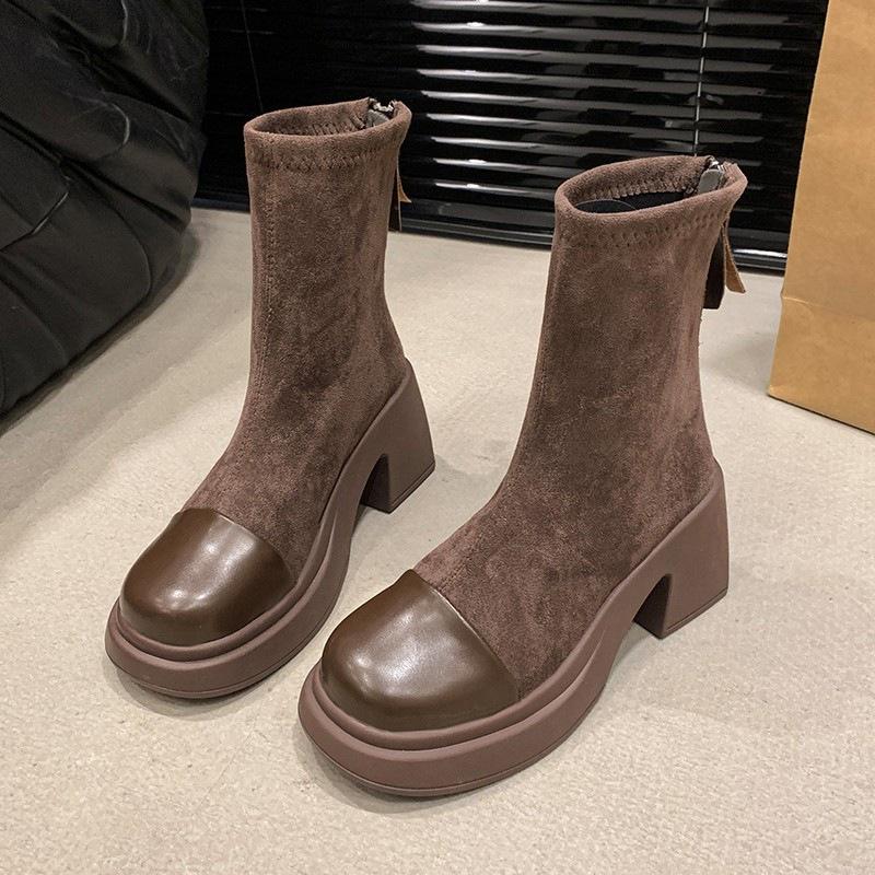 Retro Shoes, Thick-soled Dr. Martens Boots, New Versatile Women's Ankle Boots, Chunky Heels, Slimming Stretch Boots