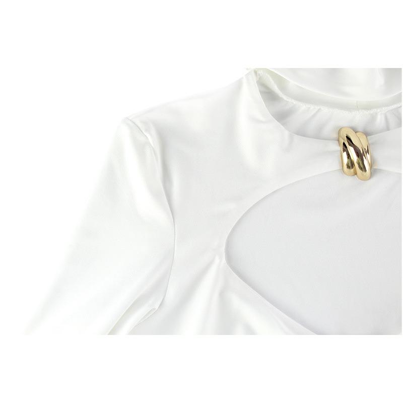 Women Hollow Out Solid Color Slim Fit Long Sleeve High Waist Bodycon Long Dress