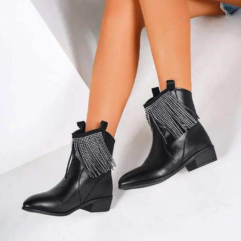 Wedge Low Heel Crystal Tassel Design Ankle Boots Women Pumps Pointed Toe Leather PU Chunky Heel Chelsea Boots Punk Boots