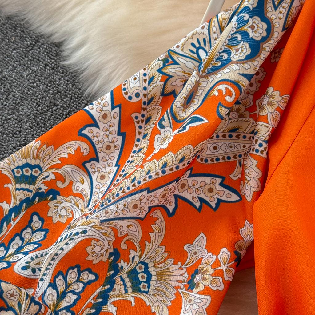 Vintage Langes Kleid für Damen, Frühling, Herbst, Blumendruck, Robe, Stehkragen, elegant, einreihig, Schnürgürtel, plissiertes Maxikleid