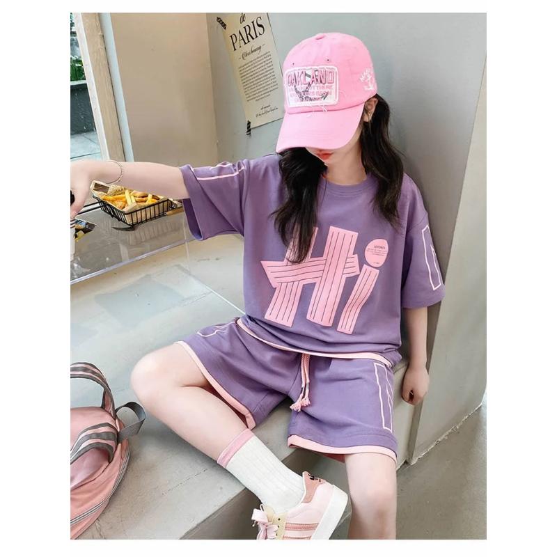 Girls Loose T-Shirts Sets Summer New Kids Short Sleeve Tops+Shorts 2Pcs Teen Letter Print Suits Children Clothes Casual Outfits