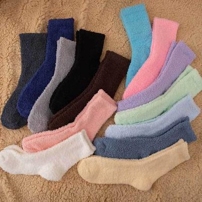 Women's Autumn and Winter Fleece Thickened Half-fleece Mid-calf Socks Solid Color Warm Coral Fleece Socks Sleeping Floor Socks