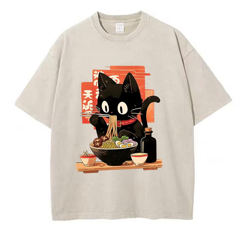 Streetwear T-Shirt Vintage Gewaschenes Baumwoll-T-Shirt Schwarz Ramen Katze Japanischer Anime-Stil Grafik-T-Shirt Lässig Frühling Sommer