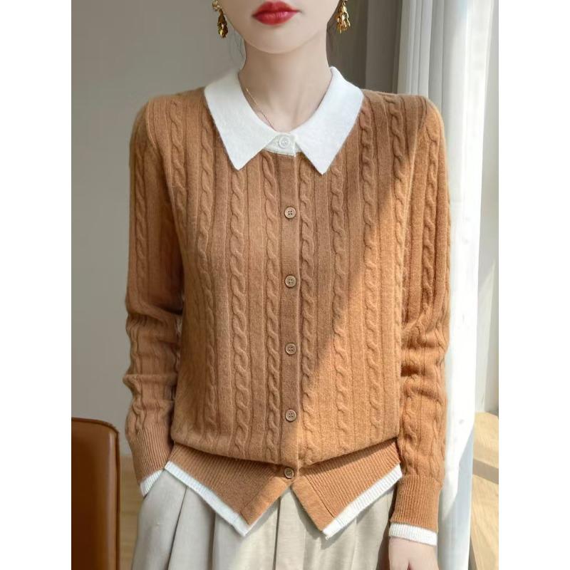 POLO Collar Small Twist Short Colour Blocking Knitted Cardigan Women's Pullover Sweater Bottoming Shirt Jacket