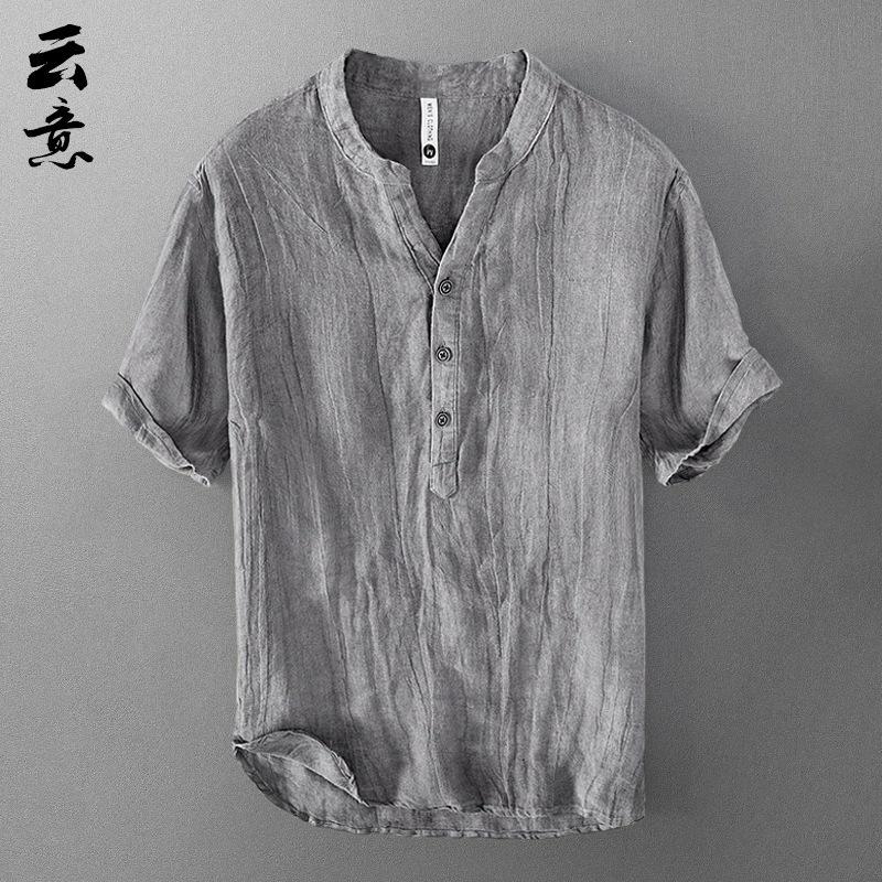 Mens Light Blue Linen Blend Henley Neck Short Sleeve Shirt