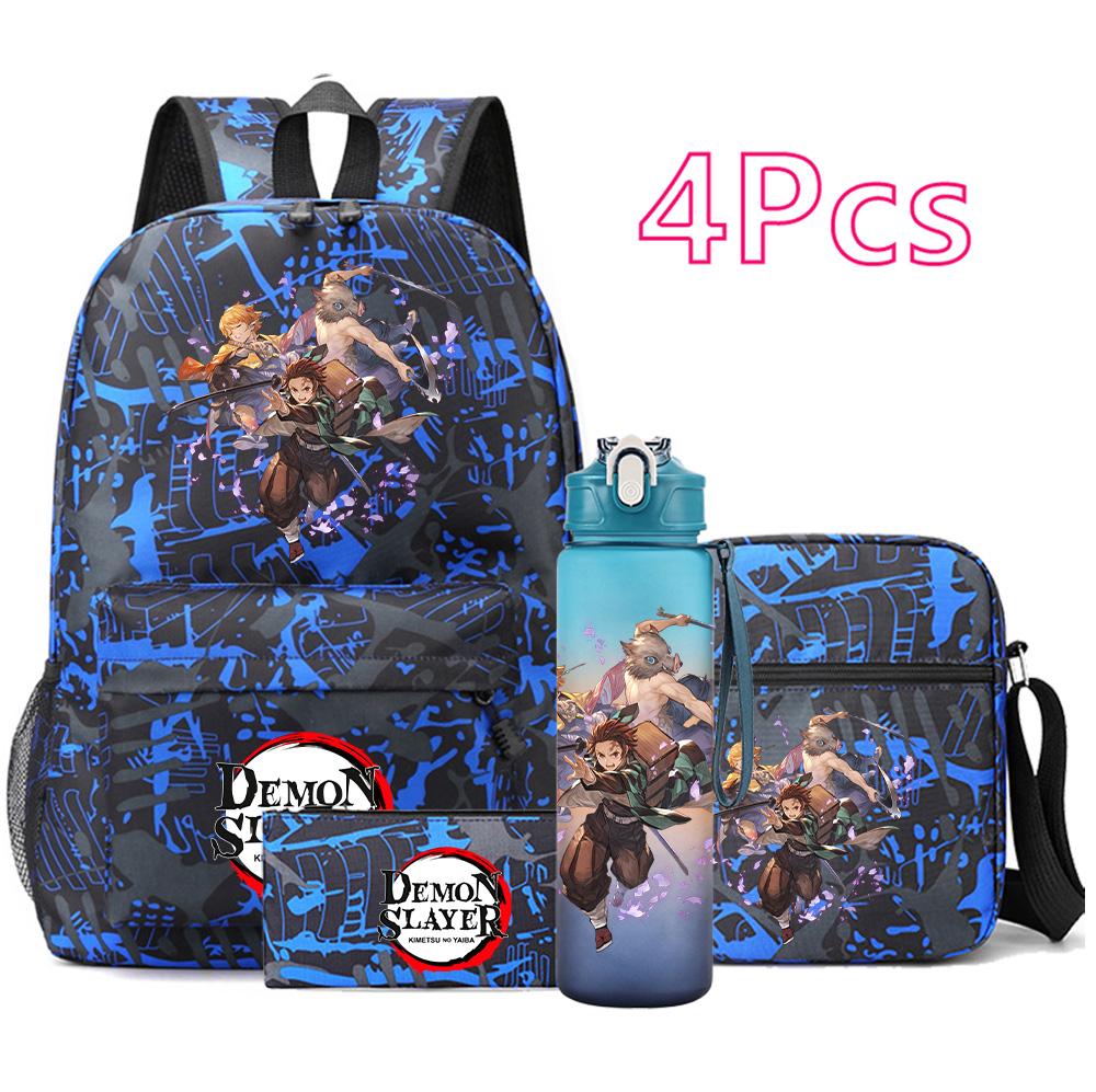 4 Pezzi/set Zaino Stampato Anime Demon Slayer Grande Capacità Borsa per Libri Borsa a Spalla Custodia per Borsa con Borraccia da 750ml Ragazzo Ragazza Zaino Impermeabile