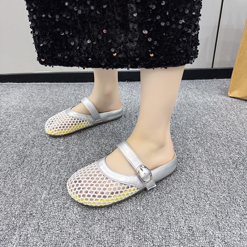 Fashion 2025 Summer Closed Toe Women's Slippers Fashion Belt Buckle Mesh Light  Comfortable Best Seller Concise Rome Solid Flat Slippers