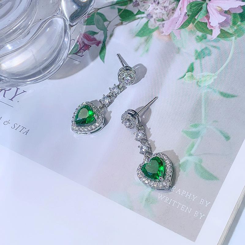 Exquisite Earrings for Women's Silver Earrings Inlaid Green Love Zircon Earrings Long Tassel Jewelry Earrings Korean Earrings