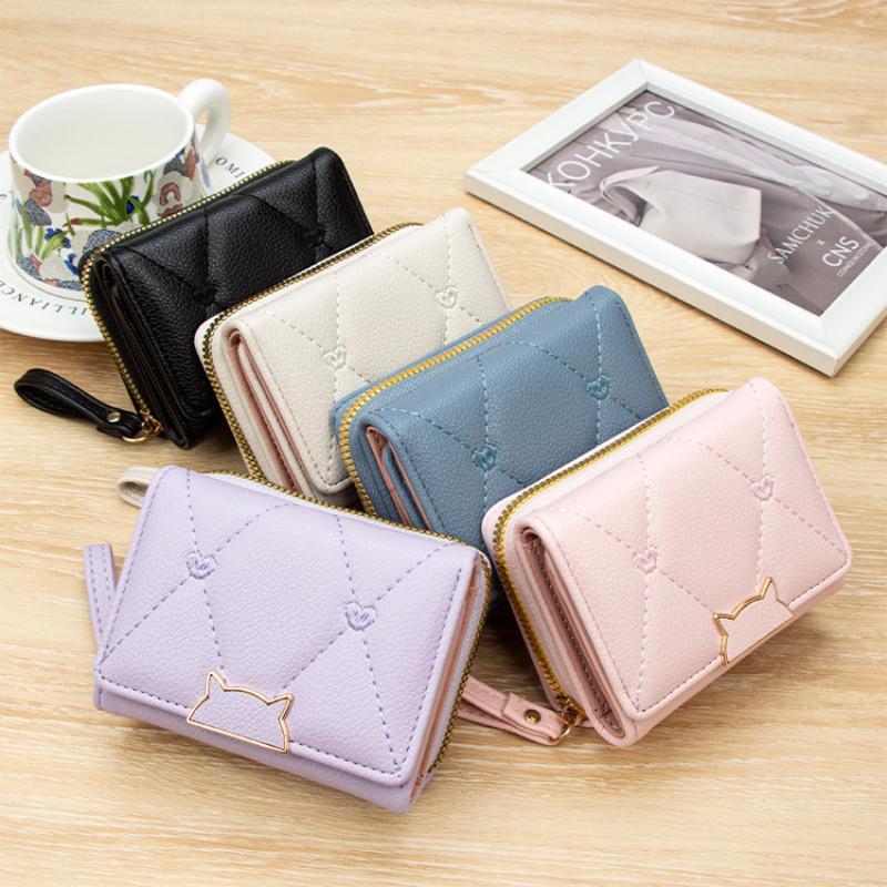 Pu Leather Short Wallet With Cat Buckle Heart Embroidery For Teen Girls Daily Use Casual Shopping