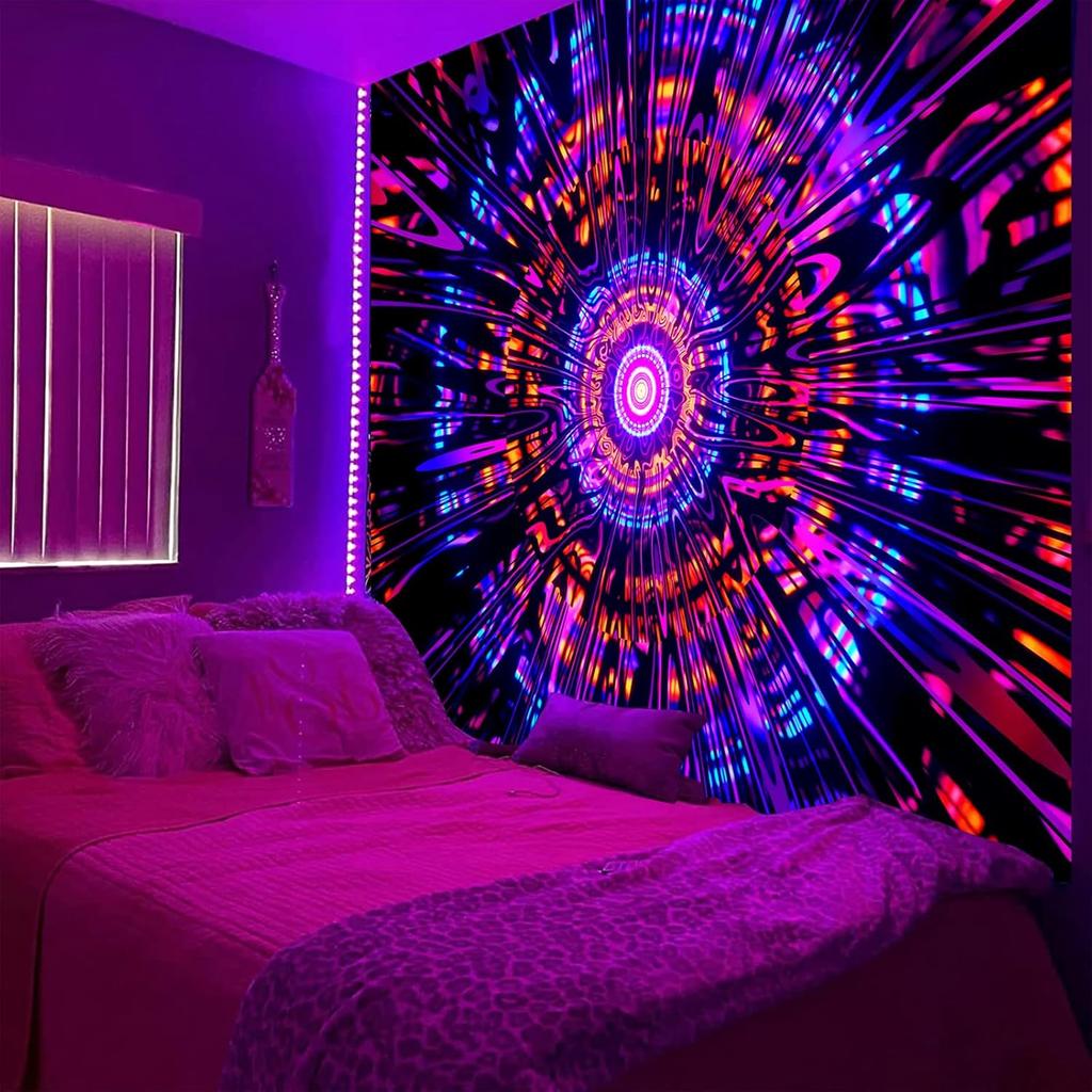 Blacklight Trippy Mandala Tapestry, Boho Black Light Posters for Adults UV Reactive Room Decor for Bedroom Wall
