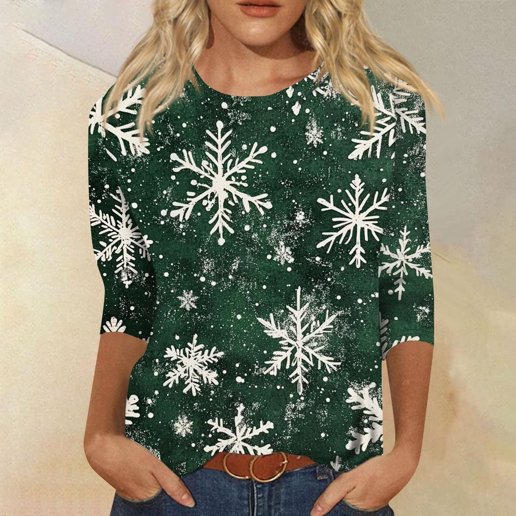 Women's Fashion Casual Seven Sleeve Christmas Printed Round Neck Top