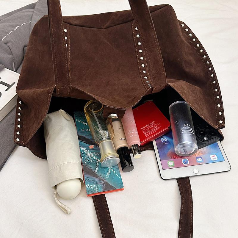 Vintage European Style Leather Corduroy Tote Bag For Daily Use With Magnetic Closure And Interior Pockets