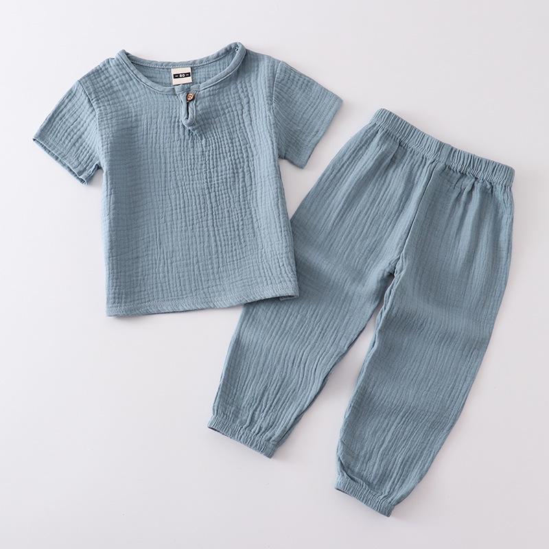 Kids' Summer Cotton Linen Two-Piece Set - Short Sleeve Top & Joggers