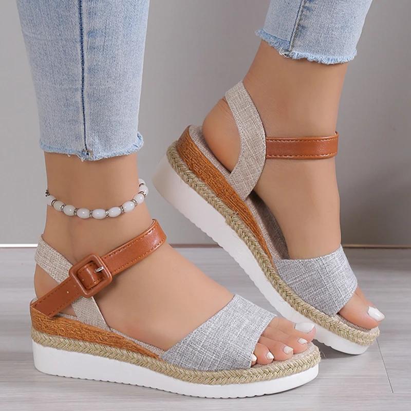 Fashion 2025 Women's Sandals Peep Toe Wedges Heels Sandals Summer Shoes Woman Low Platform Sandalias Mujer Non-slip Hemp Heeled Shoes