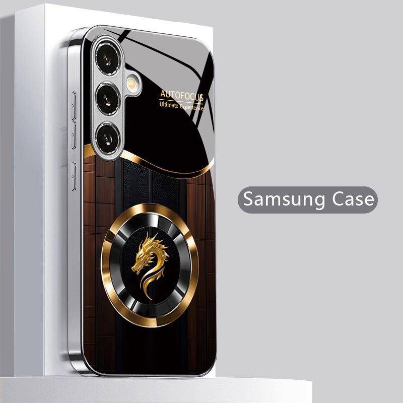 Black Gold Dragon Pattern 2D Phone Case for Samsung S26 S25 S24 S23 S22 S21 S20 A56 A36 A16 Electroplated Glass Protective Cover