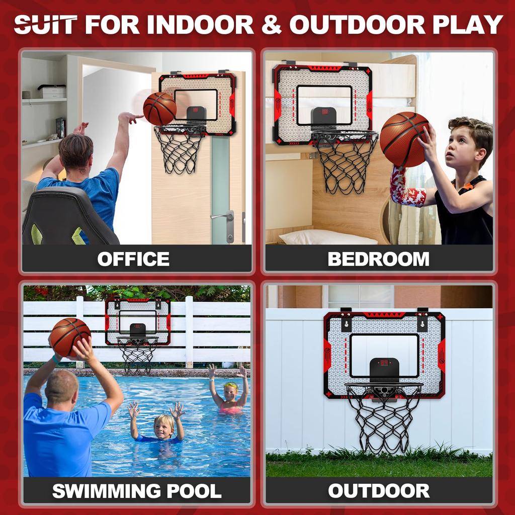 Kids' Indoor Basketball Hoop with Electronic Scoreboard, Mini Over-the-Door Basketball Hoop with 3 Balls, Basketball Sports Toy for Boys Ages 6-8,