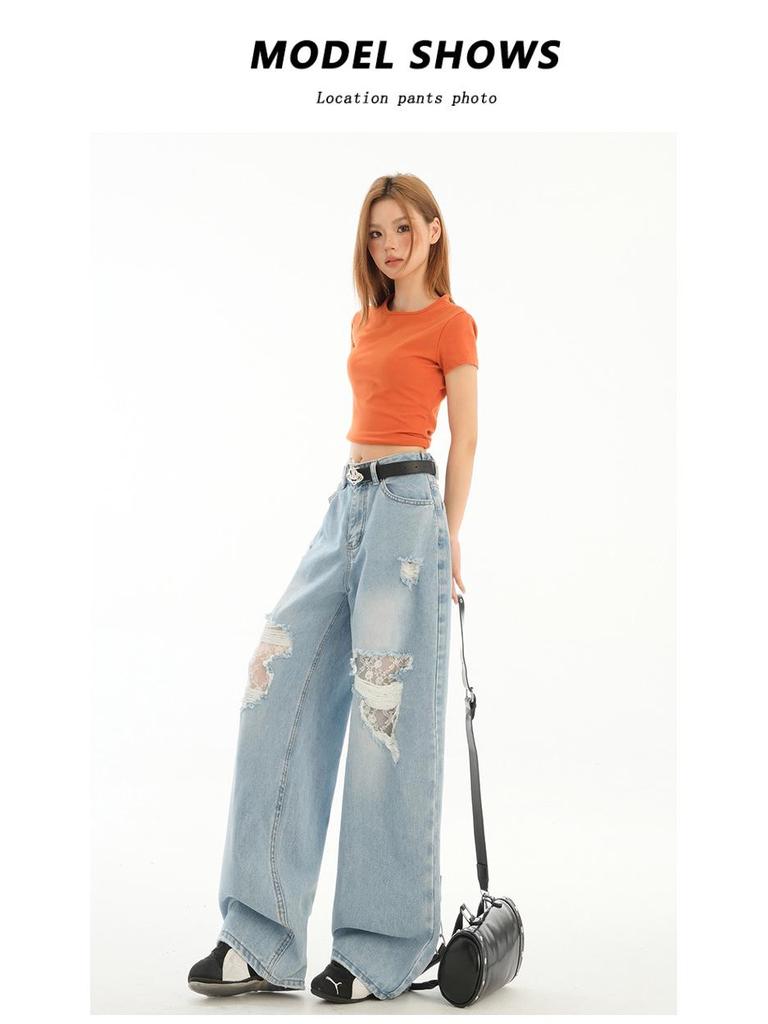 Damen High Waist Ripped Spitze Straight-Leg Loose Jeans - Sommer 2025