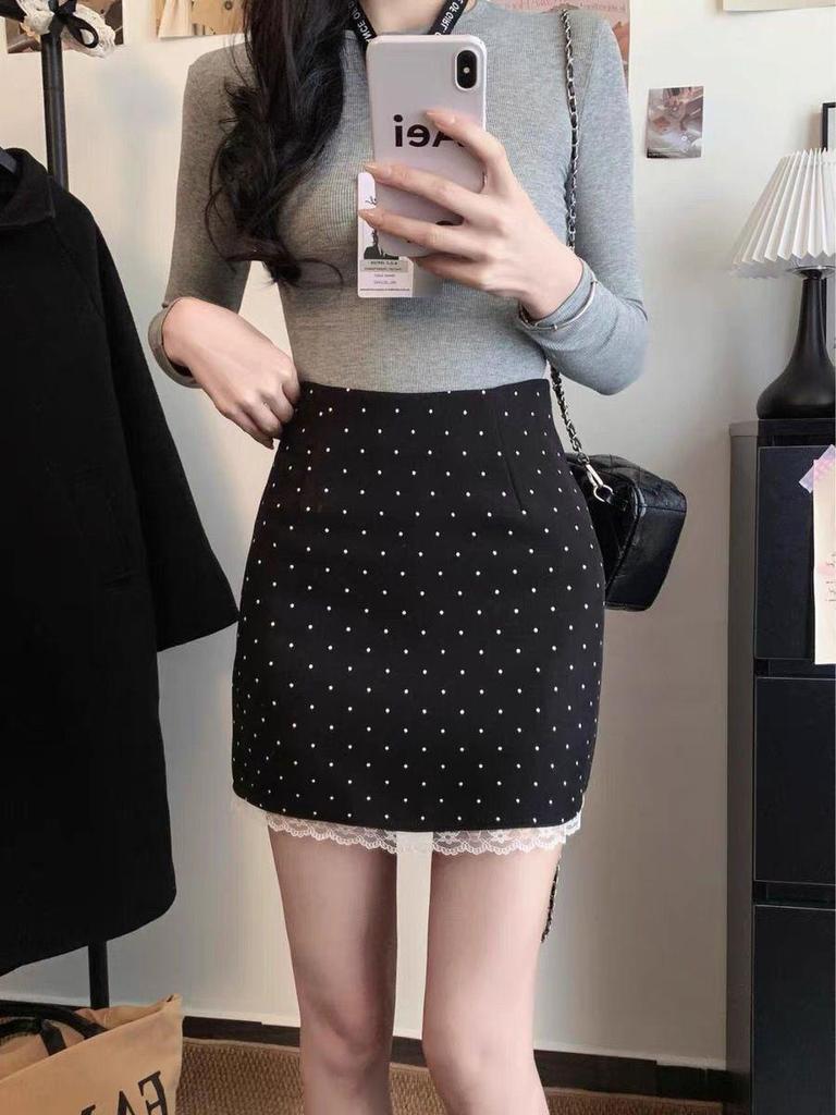 Lace Patchwork Polka Dot High Waist A-Line Skirt - Spring/Summer Anti-Exposure Slimming Hip-Hugging Style for Women