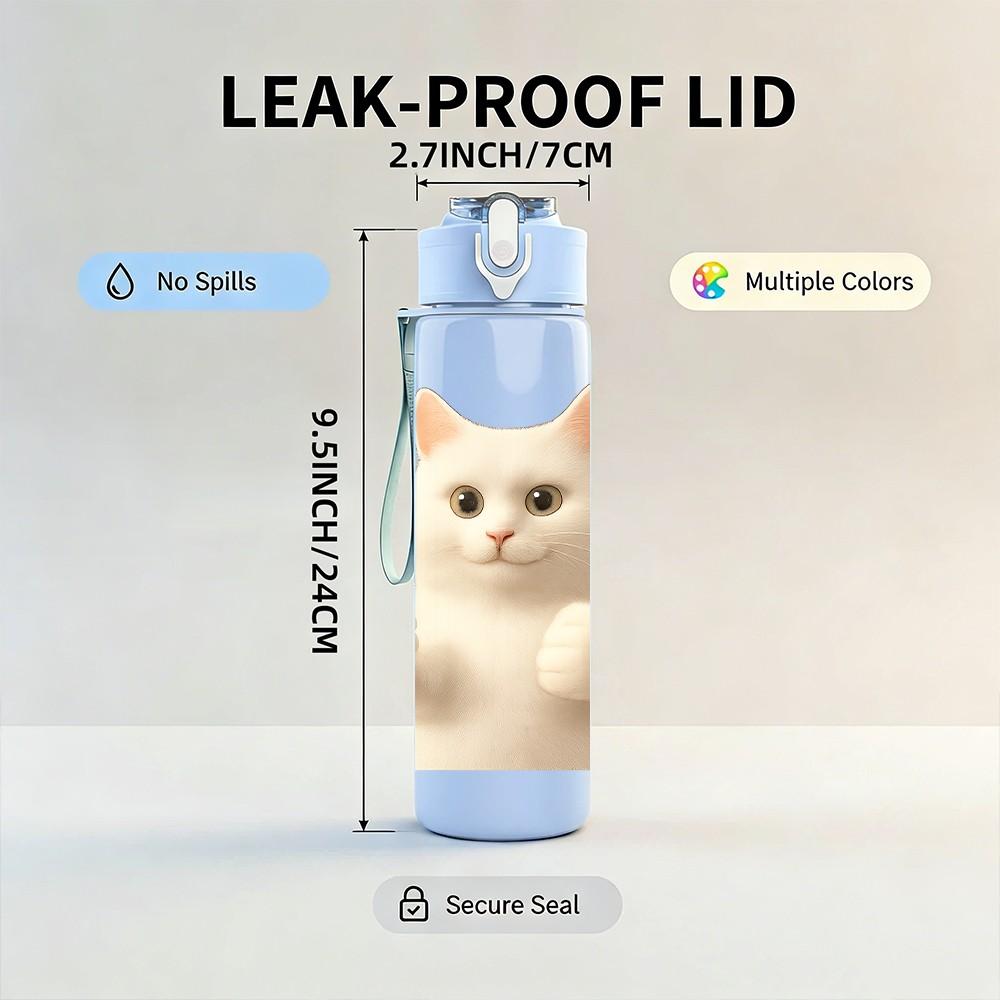 1PC Thumbs Up White Cat Bust Print 750ml Color Plastic Sports Water Bottle Leakproof Flip Straw Lid For Sports Office Home Use