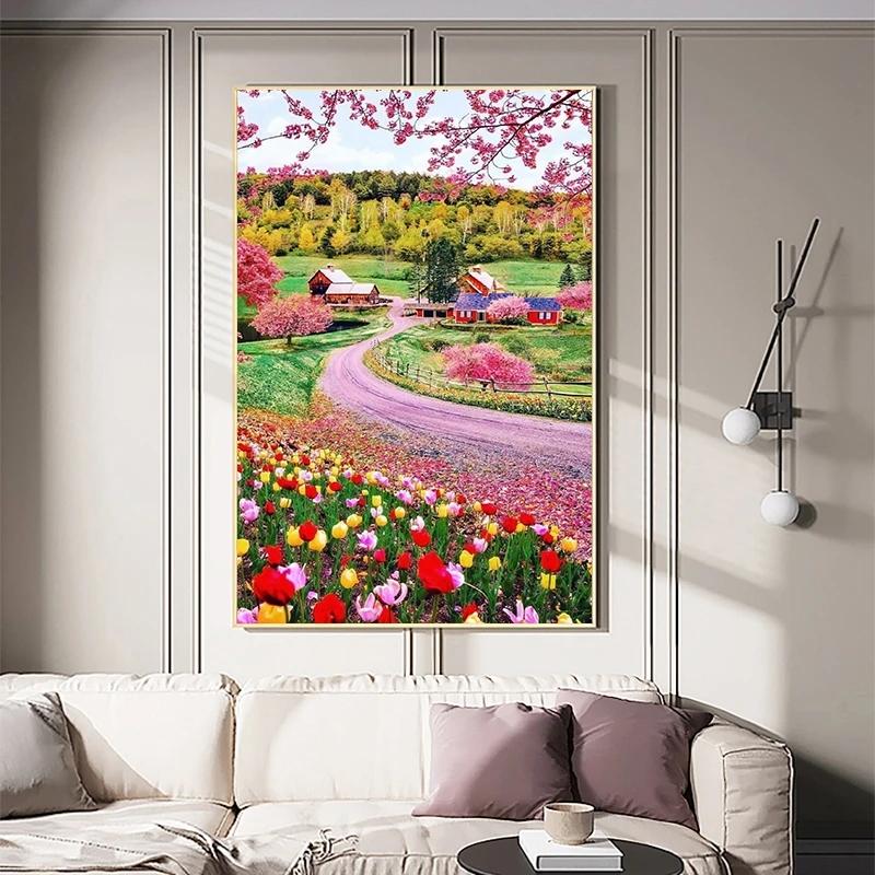 5D DIY Diamond Painting Pink Flower Tree Full Round Diamond Embroidery Cross Stitch Cherry Blossoms Mosaic Kits Decor for Home