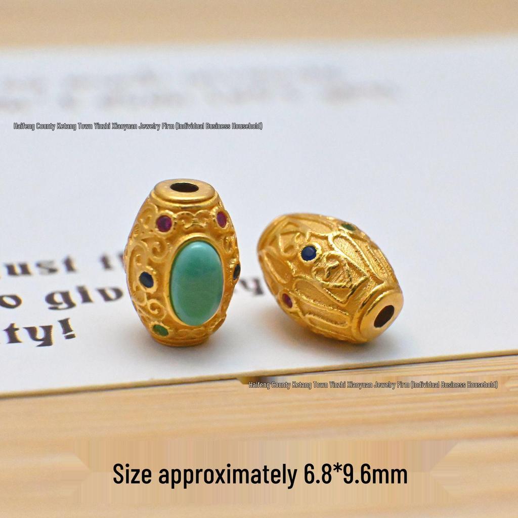 S925 Sterling Silver Gold-Inlaid Raw Turquoise Pendant Spacer Beads