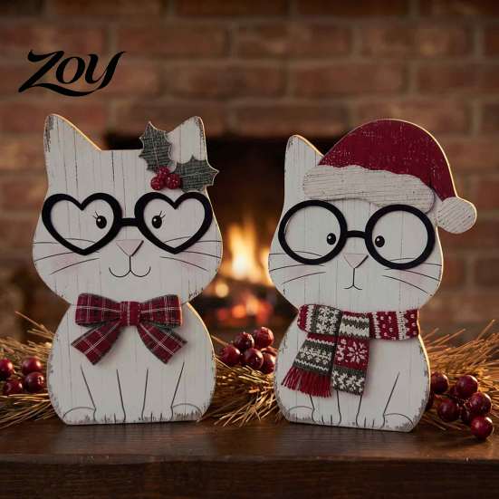 Handcrafted Wood Cat Figurines Christmas Wooden Tabletop Decor, Cute Kitty Figurine, Rustic Farmhouse Animal Gifts Xmas Tiered Tray Ornament