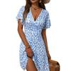 Womens Sundress Summer Floral Short Sleeve Wrap V Neck A-Line Midi Dress