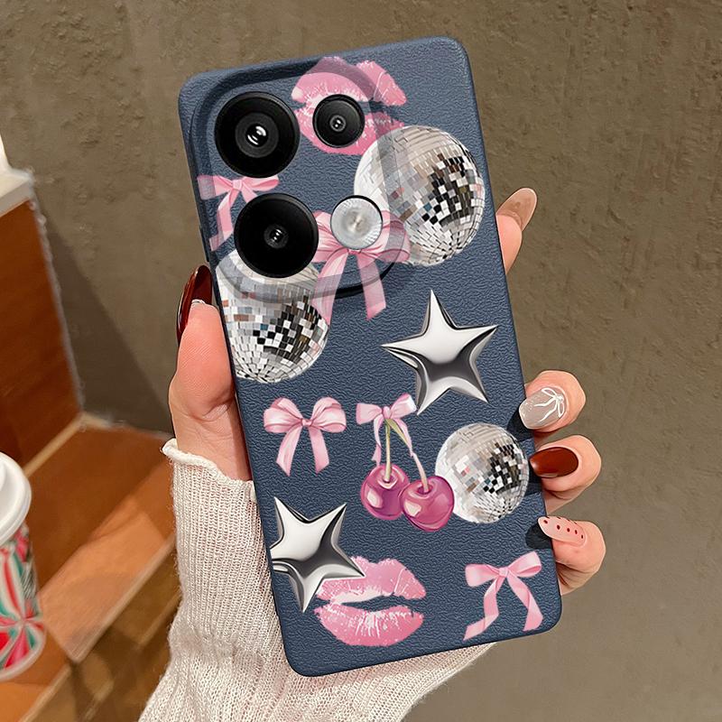 Cherry Bowknots Lips Disco Ball Pattern Case Xiaomi 14T 13T 11T Pro Leather Texture Silicone Cover Funda For Redmi Note 14 13 Pro 4G 5G 12 11